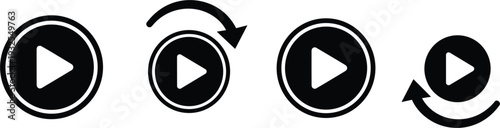 Black play button icon set with circular arrows for video playback, repeat, and loop functions for digital media player interface design.