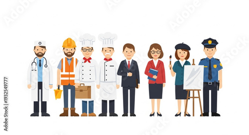 Diverse group of professionals standing together, representing various occupations and careers.