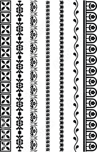 Decorative border pattern set with black ornamental vertical dividers. Ethnic geometric lines create elegant seamless trims and frames. Ideal for packaging, invitations, backgrounds, print design.
