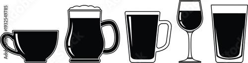 Collection of black and white beverage glass silhouettes including coffee cup beer mug wine glass and water tumbler for cafe and bar menu design.