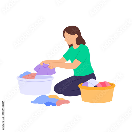 Sorting Dirty Laundry, Separating clothes by color, fabric, or washing requirements, Flat vector character illustration