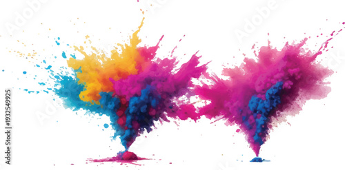 Symmetrical explosion of vibrant pink, blue, and yellow powder against white