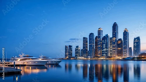 Wallpaper Mural Luxury yachts docked at marina with illuminated modern skyscrapers at twilight, reflecting on calm water — Dubai Marina skyline, urban luxury and travel concept Torontodigital.ca