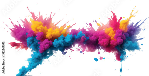 Diagonal explosion of colorful powder clouds in vibrant pink, blue, and yellow