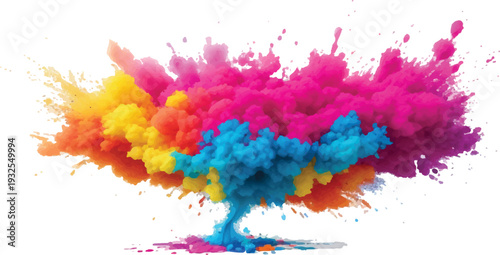 Explosion of vibrant Holi powder in yellow, pink, blue and orange on white background