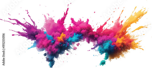 Two symmetrical explosions of colorful powder in pink, blue, yellow, and orange