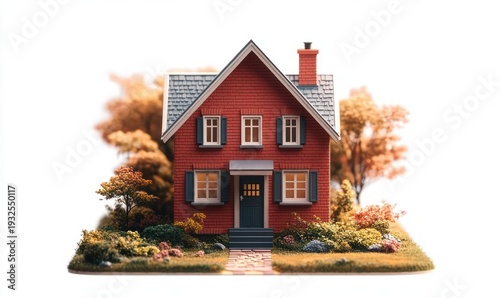 cozy red two-story house with gray gabled roof and chimney, shuttered windows, dark front door, stone path, lush autumn garden and warm inviting atmosphere