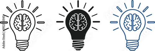 Creative brain lightbulb icons set in outline solid and blue styles representing innovative ideas intelligence mental health and brainstorming for business and education.