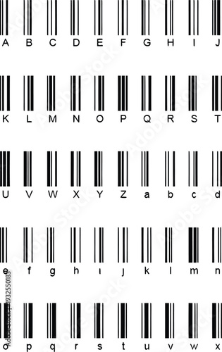 Barcode alphabet font with letters and numbers in scan code style. Unique typographic design inspired by retail labeling systems. Ideal for packaging, inventory graphics, technology branding.