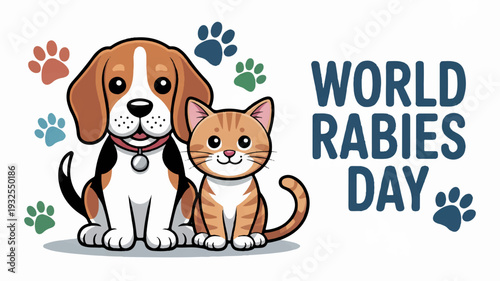 Beagle dog and orange cat sitting together for world rabies day awareness campaign with colorful paw prints