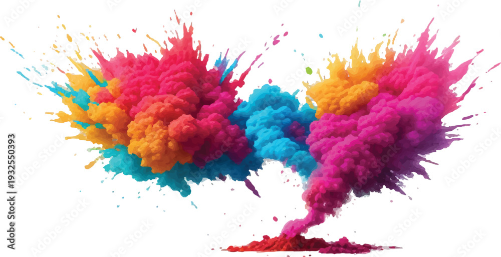 Fototapeta premium Vibrant Holi powder cloud in shades of pink, orange, yellow, and blue, creating a dynamic and festive visual.