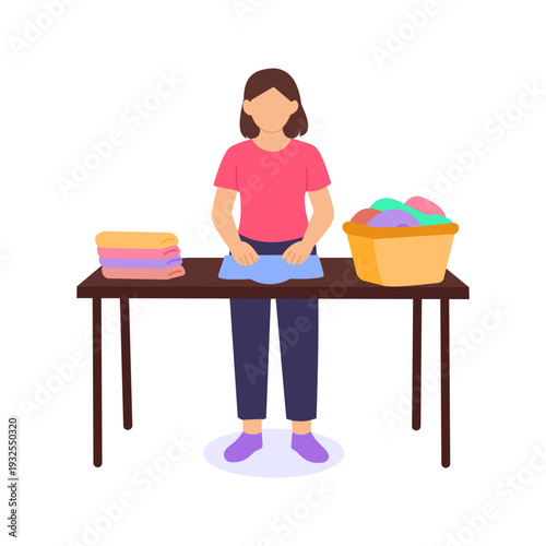 Folding Clean Clothes, Neatly arranging washed garments for storage or delivery, Flat vector character illustration