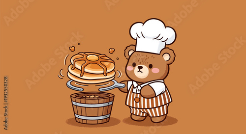 Cute cartoon bear chef serving delicious pancakes with syrup.
