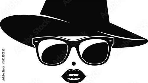 Elegant woman face silhouette wearing wide brimmed hat and vintage sunglasses for fashion boutique branding beauty salon logo and glamorous lifestyle design.