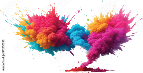 Vibrant Holi powder cloud in shades of pink, orange, yellow, and blue, creating a dynamic and festive visual.