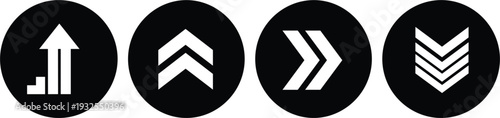 Black circular arrow icon set featuring growth charts double chevrons and direction pointers for business progress data analysis and navigation interface design.