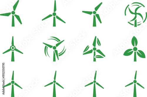 Green wind turbine icon set for renewable energy sustainable power generation eco friendly environment and clean technology concept vector illustration.
