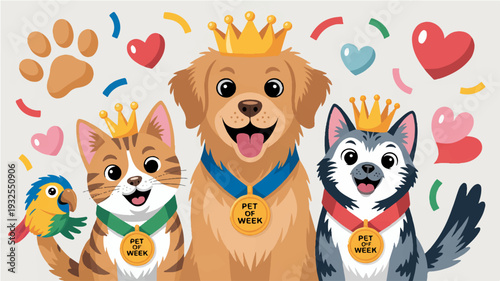 Happy pets with crowns and medals surrounded by hearts and confetti