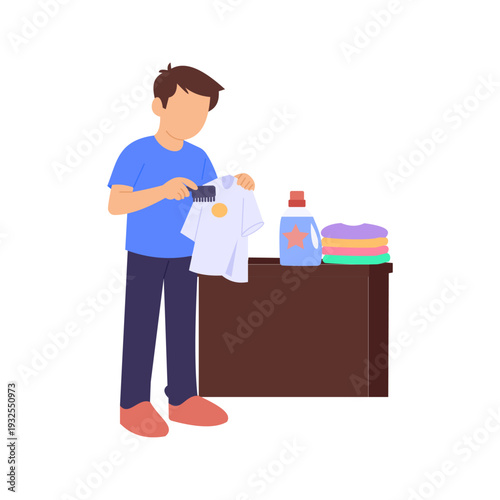 Pre Treating Stains, Applying solution before washing to improve stain removal, Flat vector character illustration