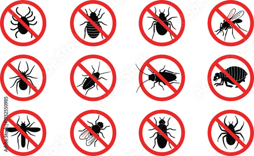 Pest control icons set with red prohibition signs featuring mosquito tick cockroach spider fly and flea for extermination services and hygiene safety.