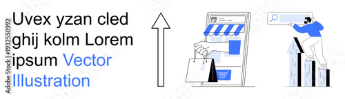 Business development, e-commerce, digital advertising, online sales, shopping analysis, market growth. User browsing e-shop and another analyzing trends. E-commerce and business development concept