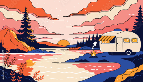 Travel trailer camping scene beside wide river during glowing sunset, reflecting warm sky tones and peaceful evening