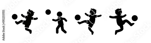 Dynamic black silhouette icons of children playing soccer, showing various action poses of young players kicking a football, ideal for sports graphics and youth activity designs