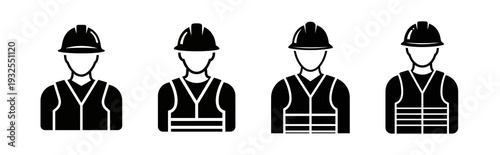 Minimalist collection of black and white icons featuring industrial and construction workers adorned with hard hats and safety vests, symbolizing workplace safety, labor, and professional protection