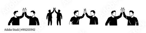 Set of four simple black and white icons depicting people giving high fives, symbolizing success, teamwork, and celebration