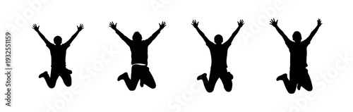 Energetic silhouettes of multiple people leaping into the air with raised arms, symbolizing celebration, triumph, and collective joy against a clean white backdrop, evoking freedom and success