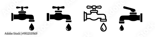 Collection of four black and white icons representing water faucets with dripping water, symbolizing plumbing, water supply, and conservation