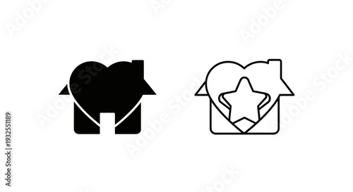 Set of 2 Home Love Star Icons Vector - Black Filled and Outline Style for Real Estate, Favorite Property, or Dream House Concepts
