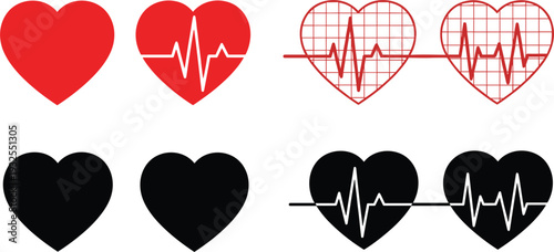 Red and black heart icon set with heartbeat pulse line for medical health cardiology diagnostic and romantic love symbol vector illustration.