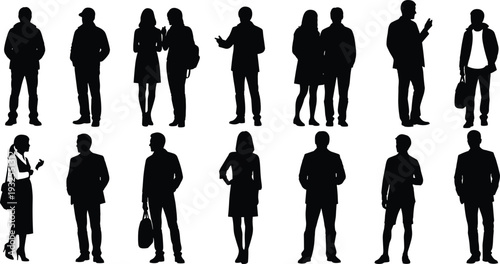 Silhouettes of people standing, casual and business attire vector illustration, human figures icon design, diverse group artwork, public crowd graphic