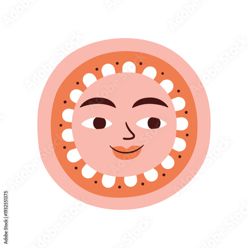 Sun face kids colorful doodle illustration. Spring or summer solar symbol, 60s 70s cartoon retro character. Fashionable modern vintage bright picture for decoration, nursery, book cover, postcards.