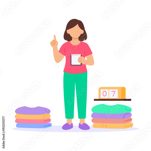 Clothes Counting, Recording number of garments during laundry process, Flat vector character illustration