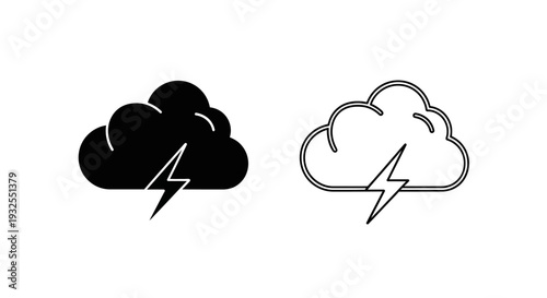 Set of 2 Black and White Cloud with Lightning Bolt Icons Vector - Solid and Outline Style Weather Symbol for UI/UX Design, Apps, and Websites