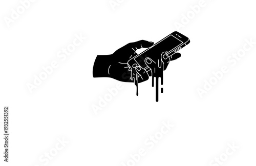 Melting Smartphone Hand Silhouette, Digital Detox and Wellness Vector Sticker, Conceptual Tech Overload Illustration