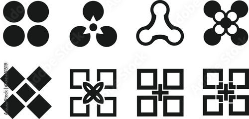 Set of black abstract geometric icons and symmetrical patterns for modern branding identity corporate logo design and creative graphic elements isolated on white.