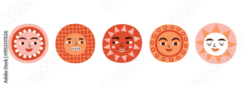 Sun face children colorful doodle illustration set collection. Summer or spring solar symbol, 60s 70s cartoon retro character. Fashionable modern vintage bright picture for decoration, nursery, book.