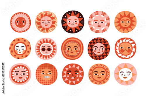 Sun face children colorful doodle illustration set. Spring or summer sunny symbol solar, 60s 70s cartoon retro character. Fashionable modern vintage bright picture for decoration, nursery, book cover.