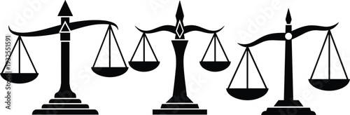 Set of black justice scale silhouettes for law firm branding legal representation judicial system and ethical balance concept isolated on white background.
