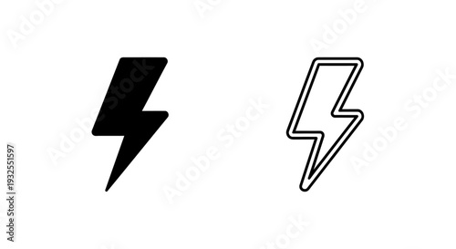 Set of 2 Black Lightning Bolt Icons Vector: Solid and Outline Style for Energy, Power, and Speed Concepts in Modern Digital Design