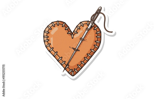 Hand Stitched Heart with Needle Silhouette, Crafty Tactile DIY Vector Sticker, Cozy Sewing and Embroidery Illustration