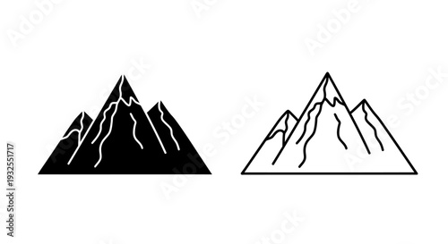 Minimalist Mountain Peak Icon Set Vector Illustration - Black Silhouette and Outline Design for Nature, Adventure, Travel, or Outdoor Themes