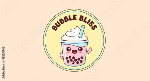 Cute Kawaii Bubble Tea Drink Character with Straw.