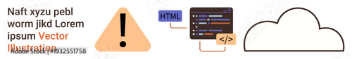 Web security, cloud computing, coding, system alert, technology risks, data storage. Cloud icon, exclamation mark coding panel with script tags. Web security and cloud computing relevance