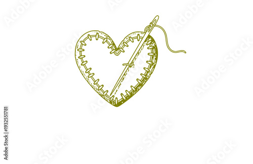 Hand Stitched Heart with Needle Silhouette, Crafty Tactile DIY Vector Sticker, Cozy Sewing and Embroidery Illustration