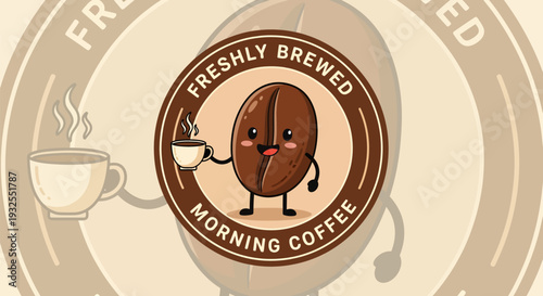 Cute Coffee Bean Character Holding a Steaming Cup of Freshly Brewed Morning Coffee.