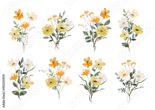 yellow white wildflower watercolor arrangement collection